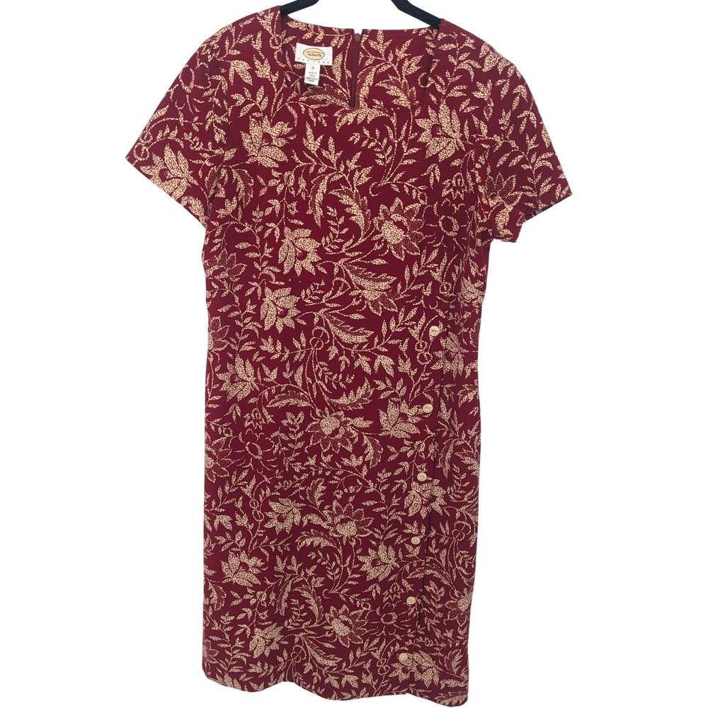 Talbots Vintage Dress Floral Womens Petite 10P Burgundy Sheath Mature Office‎